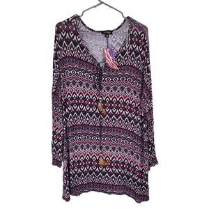 Cal Style Feather Tie Aztec Sweater Womens 3XL V-Neck Tunic Knit Relaxed Fit NWT